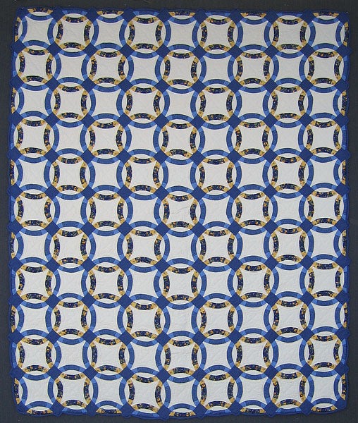Blue Yellow Double Wedding Ring Amish Quilt 93x112