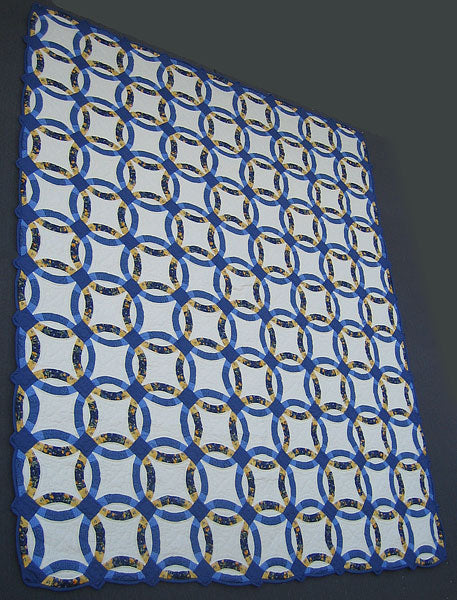 Blue Yellow Double Wedding Ring Amish Quilt 93x112