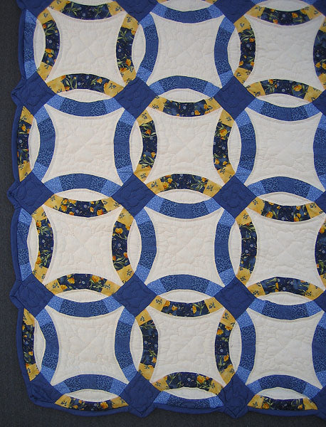 Blue Yellow Double Wedding Ring Amish Quilt 93x112