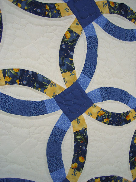 Blue Yellow Double Wedding Ring Amish Quilt 93x112