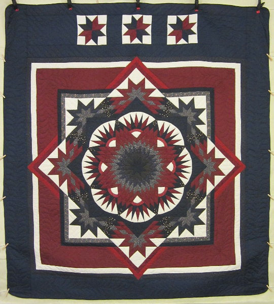Framed Improved Compass Star Patchwork Amish Quilt 104x114