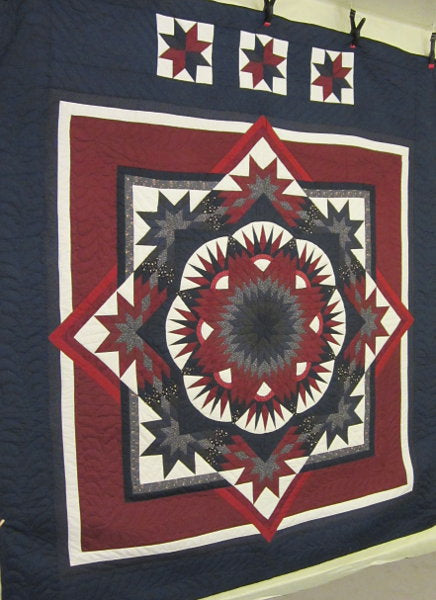 Framed Improved Compass Star Patchwork Amish Quilt 104x114