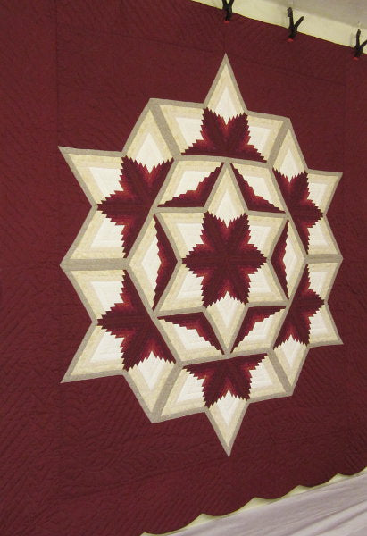 Log Cabin Red Fan Star Patchwork Amish Quilt 106x114