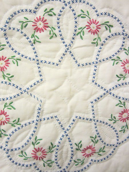 Embroidered Flowers Star Amish Quilt 91x104