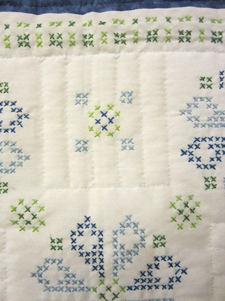 Blue White Embroidered Flowers Amish Quilt 91x104