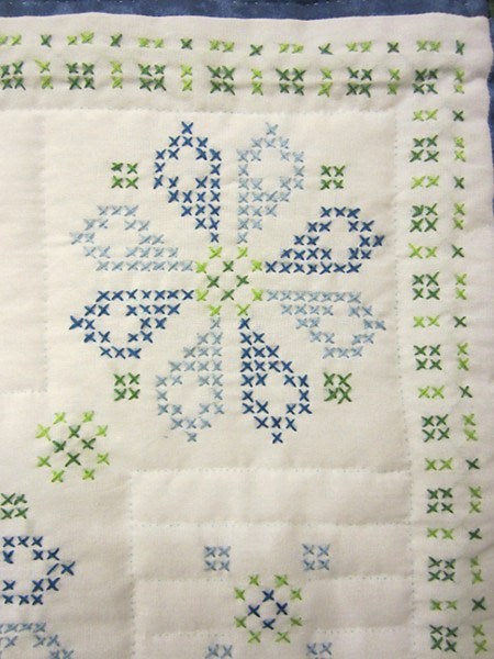 Blue White Embroidered Flowers Amish Quilt 91x104