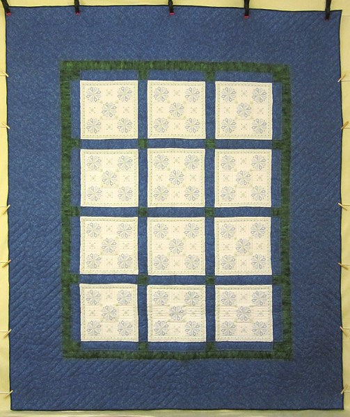 Blue White Embroidered Flowers Amish Quilt 91x104