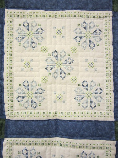 Blue White Embroidered Flowers Amish Quilt 91x104