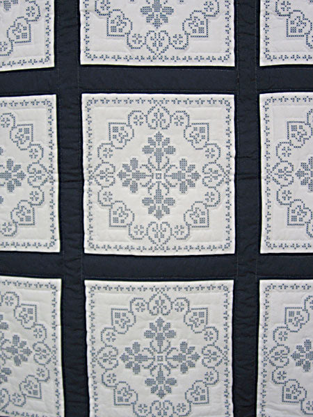Stunning Blue White Embroidered Amish Quilt 80x103