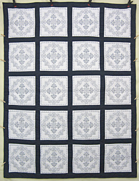 Stunning Blue White Embroidered Amish Quilt 80x103