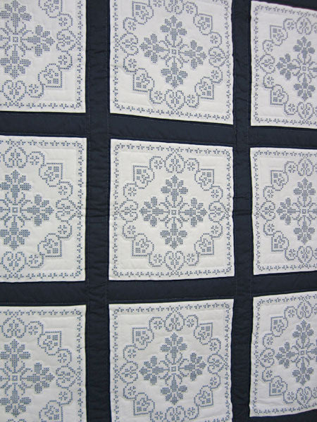 Stunning Blue White Embroidered Amish Quilt 80x103