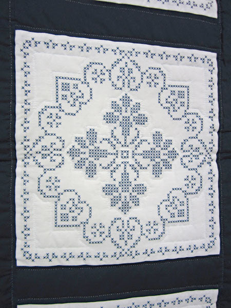Stunning Blue White Embroidered Amish Quilt 80x103