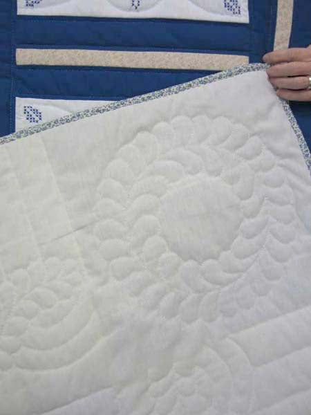 Tan Blue White Star Crystal Embroidered Amish Quilt 82x104