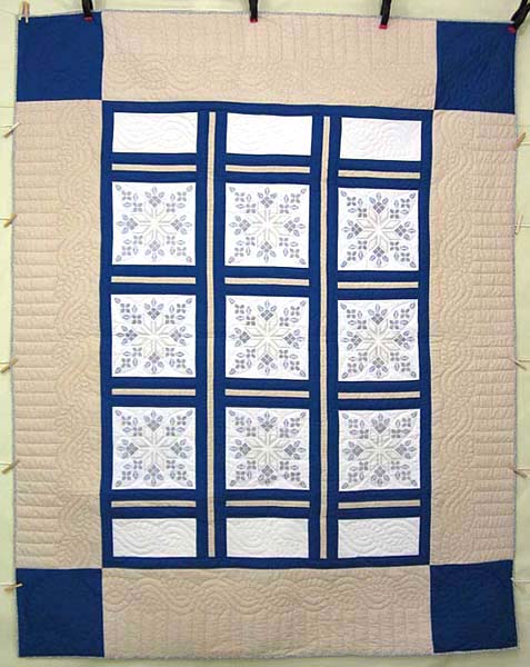 Tan Blue White Star Crystal Embroidered Amish Quilt 82x104