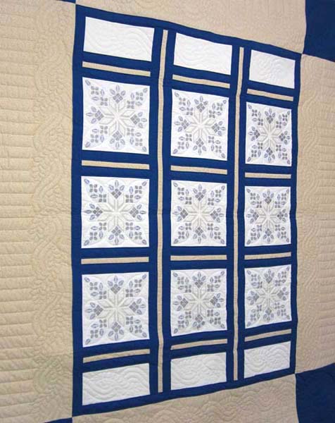 Tan Blue White Star Crystal Embroidered Amish Quilt 82x104