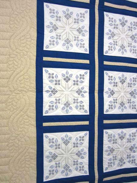 Tan Blue White Star Crystal Embroidered Amish Quilt 82x104