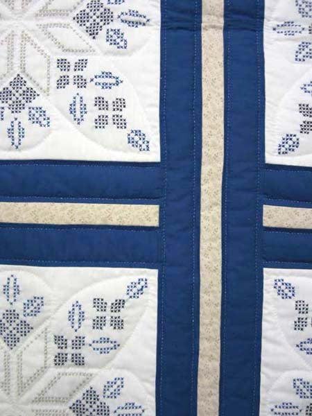 Tan Blue White Star Crystal Embroidered Amish Quilt 82x104