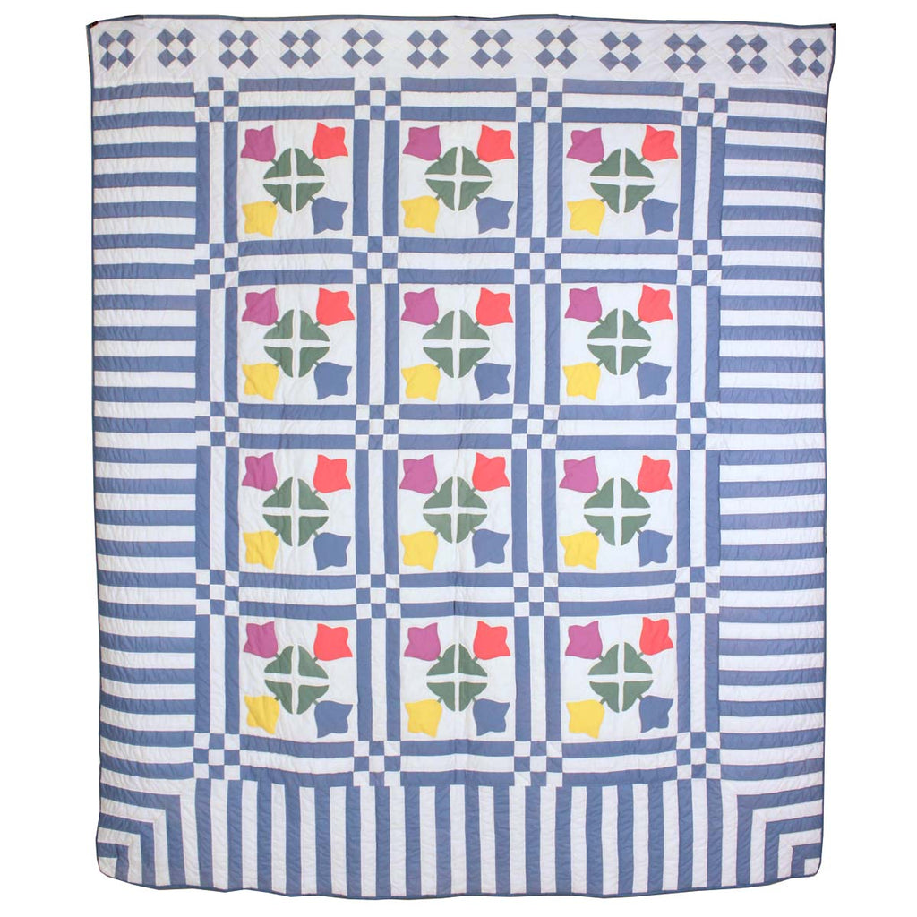 Tulip Applique Blue White Queen Amish Quilt 96x112