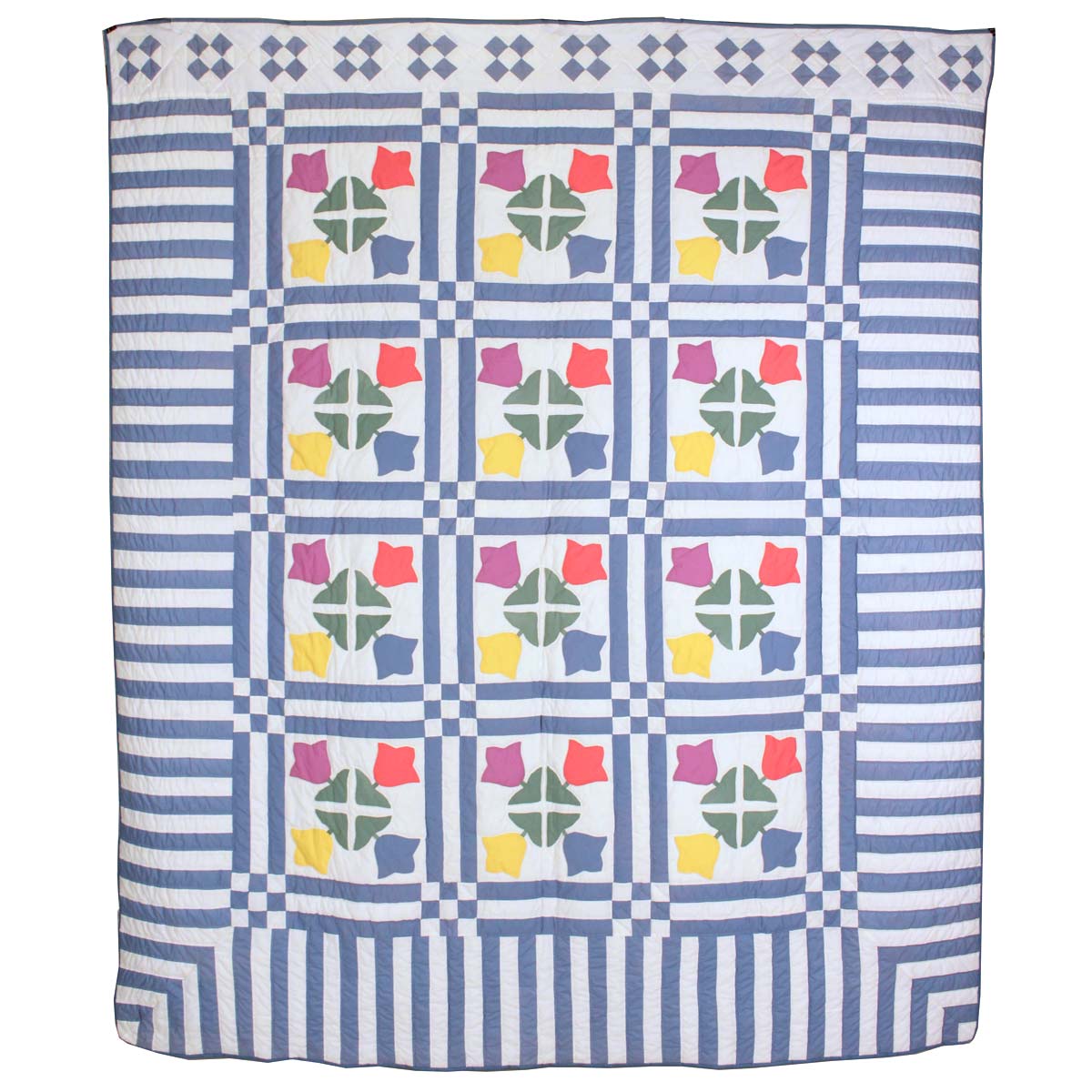 Tulip Applique Blue White Queen Amish Quilt 96x112