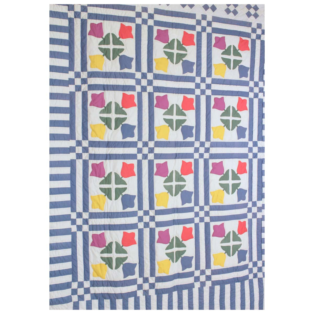 Tulip Applique Blue White Queen Amish Quilt 96x112