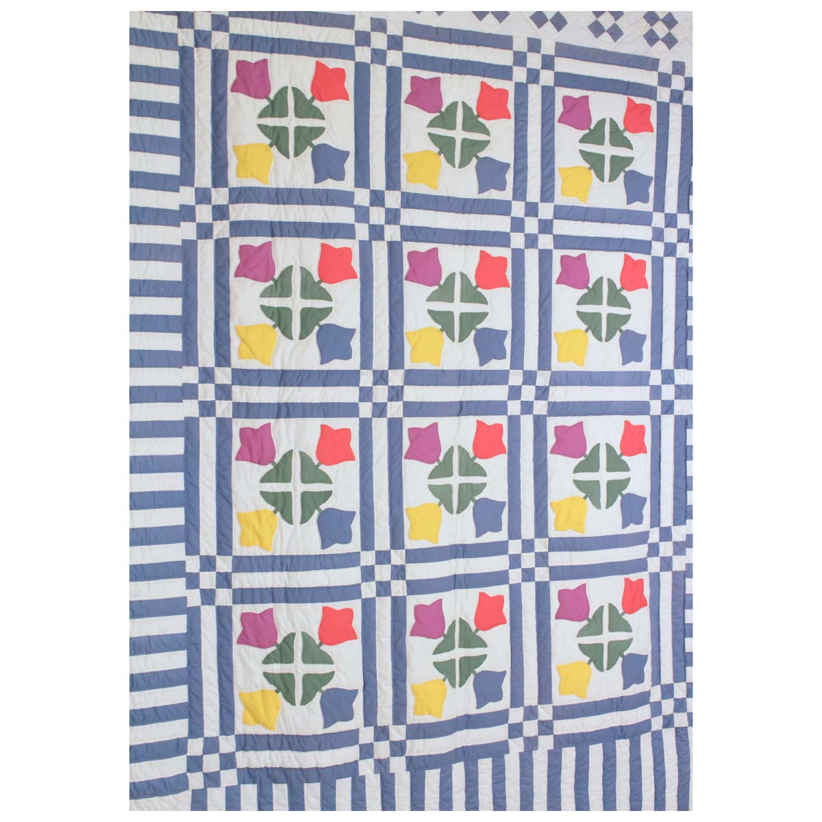 Tulip Applique Blue White Queen Amish Quilt 96x112