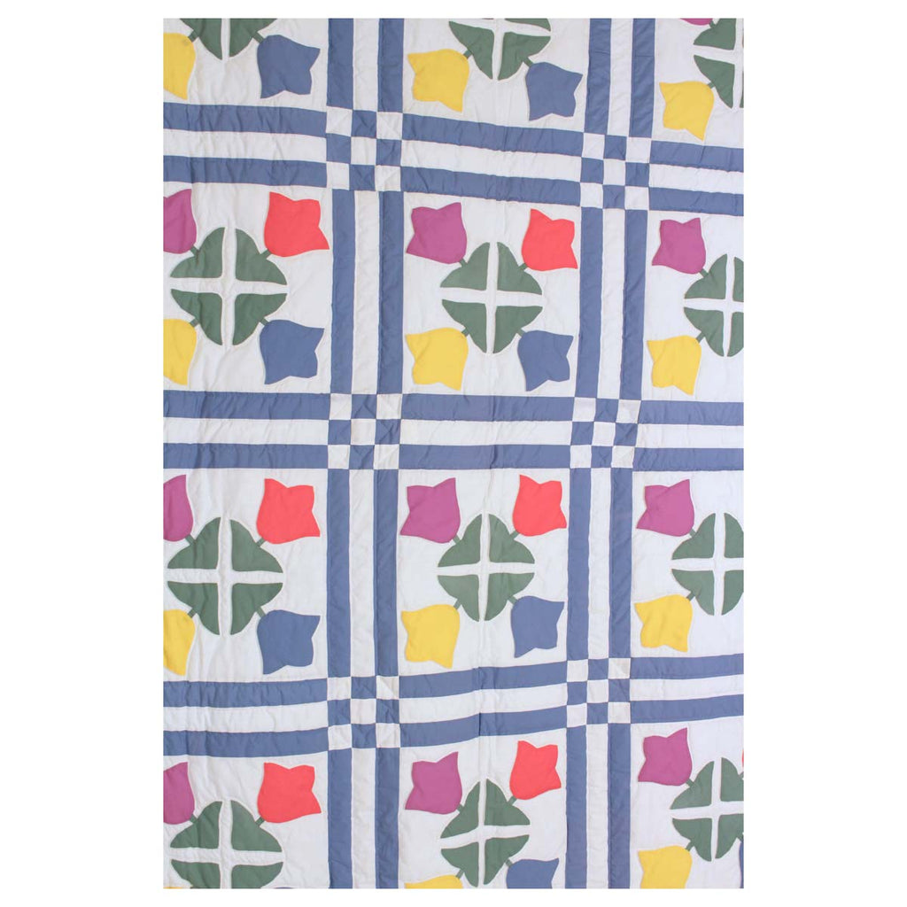 Tulip Applique Blue White Queen Amish Quilt 96x112