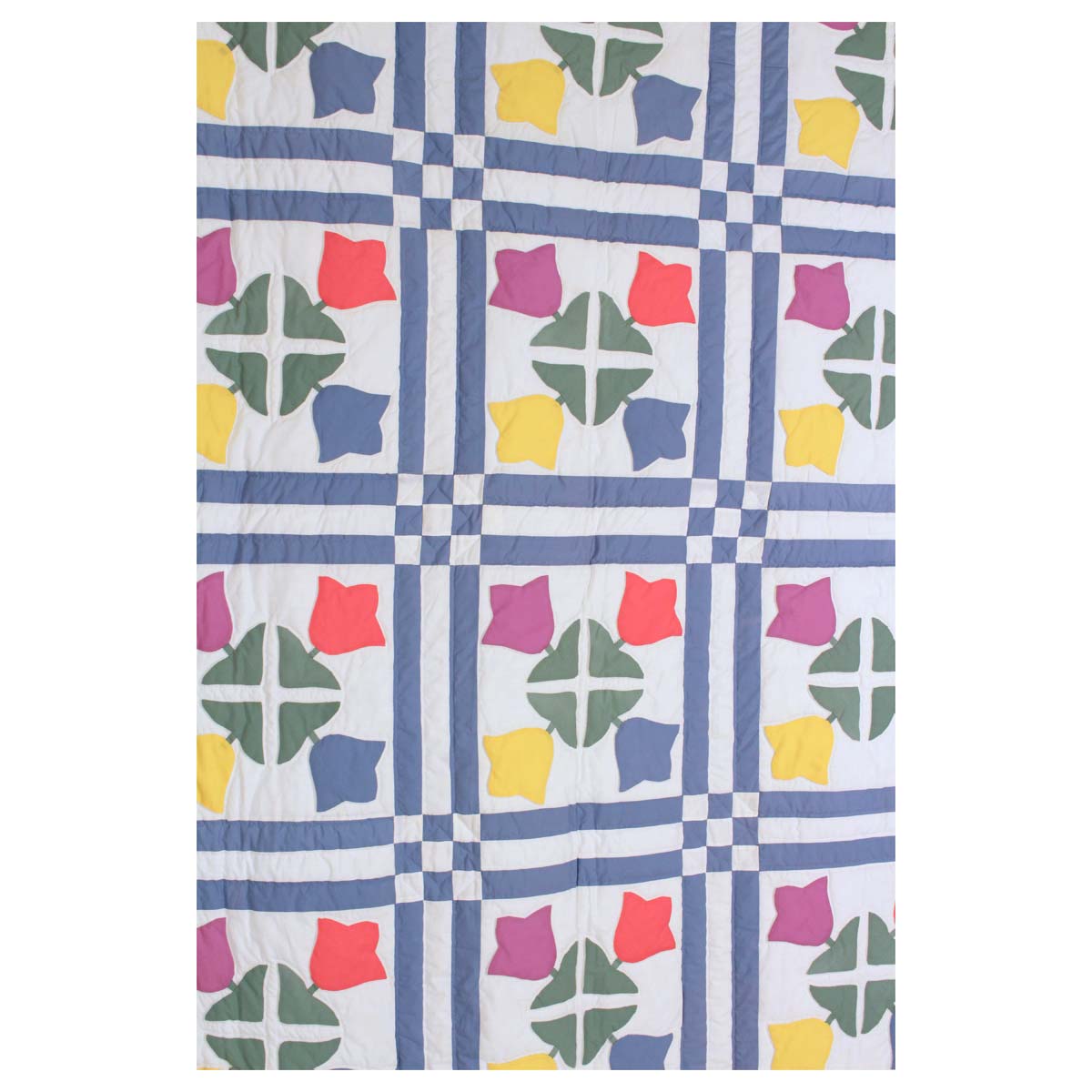 Tulip Applique Blue White Queen Amish Quilt 96x112