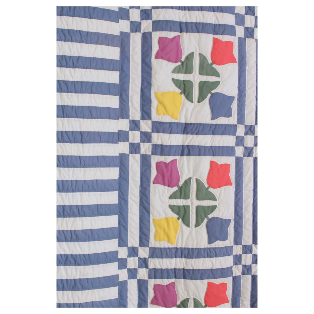 Tulip Applique Blue White Queen Amish Quilt 96x112