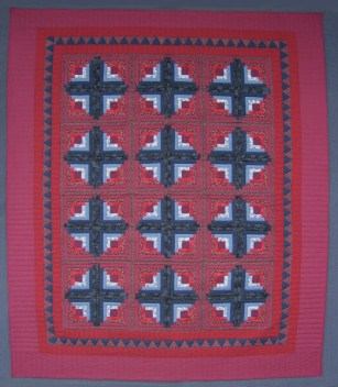 Log Cabin Amish Quilt Burgundy Blue 102x116