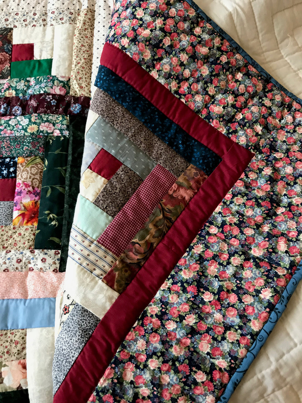 Grandmas Scrap Log Cabin Patchwork Amish Quilt 99x108