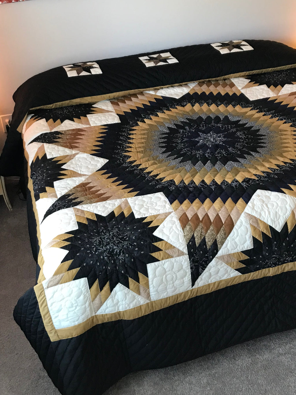 Stunning Lone Star in Stars Patchwork Amish Quilt 107x114. V138.HMA