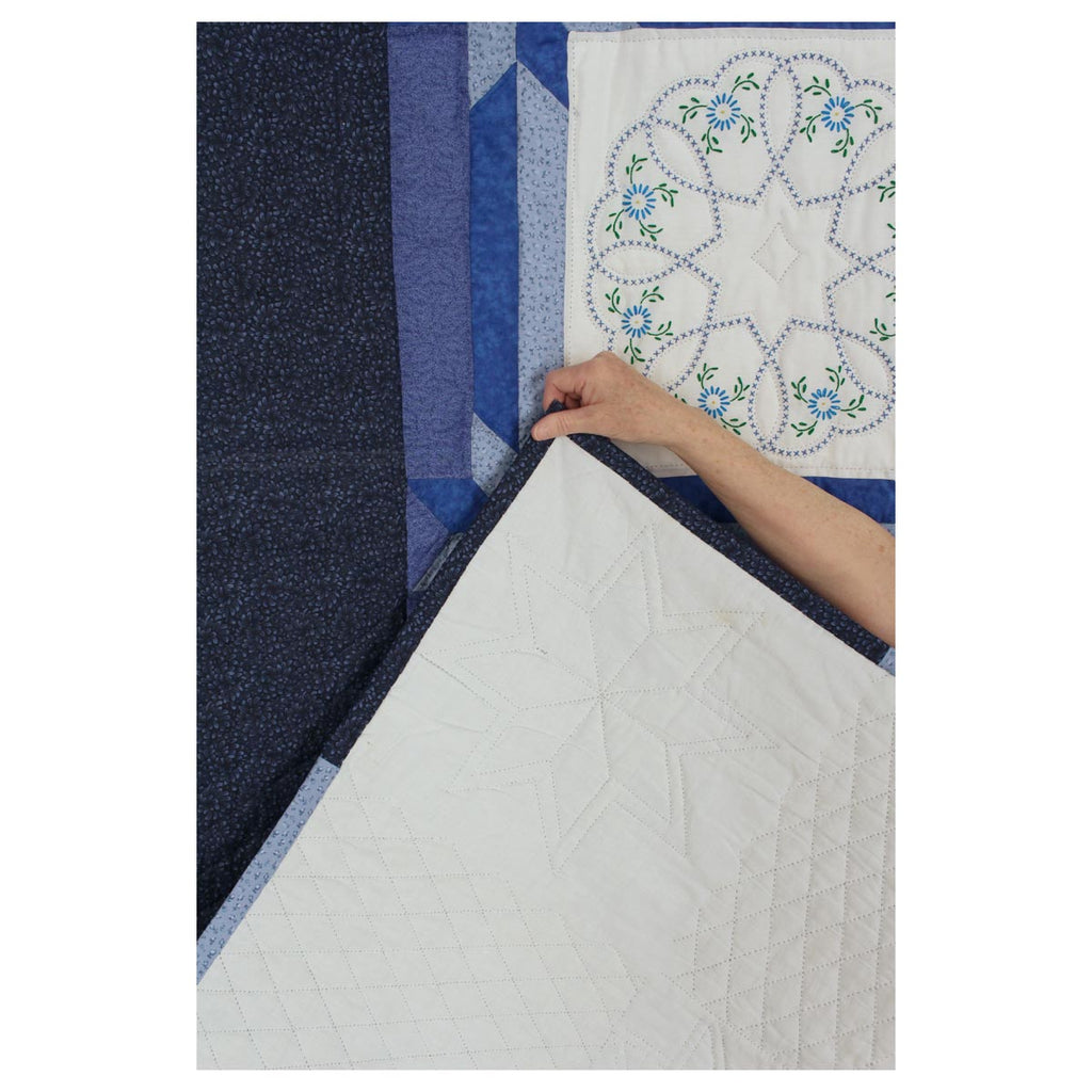 Blue White Embroidered Amish Quilt 87x106