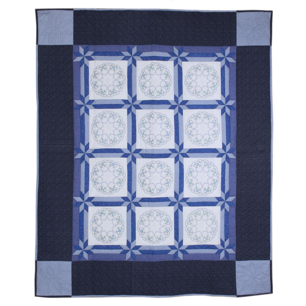 Blue White Embroidered Amish Quilt 87x106