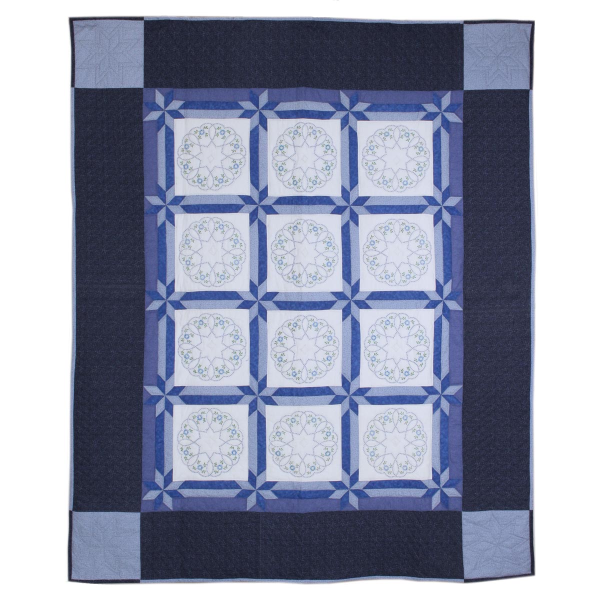 Blue White Embroidered Amish Quilt 87x106