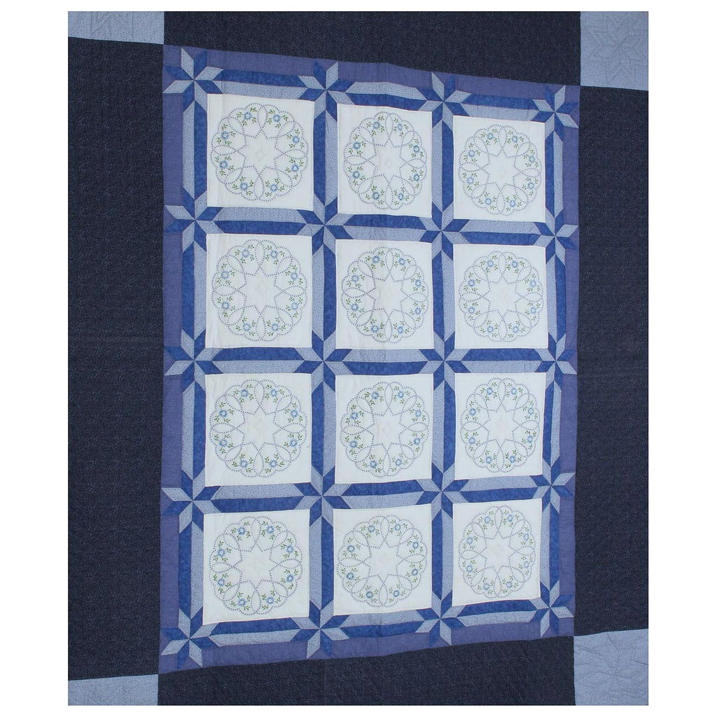 Blue White Embroidered Amish Quilt 87x106