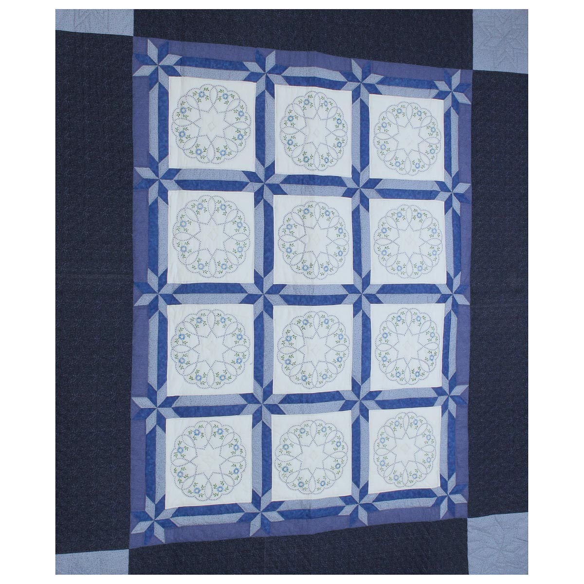 Blue White Embroidered Amish Quilt 87x106