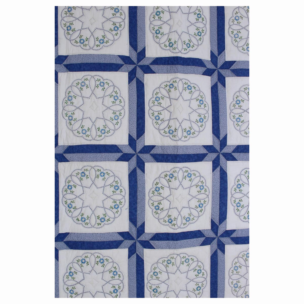 Blue White Embroidered Amish Quilt 87x106