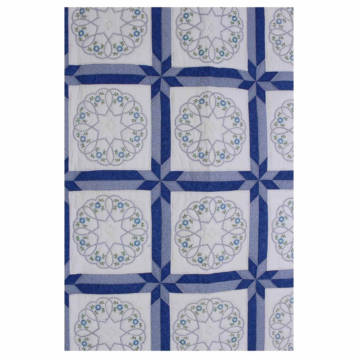 Blue White Embroidered Amish Quilt 87x106