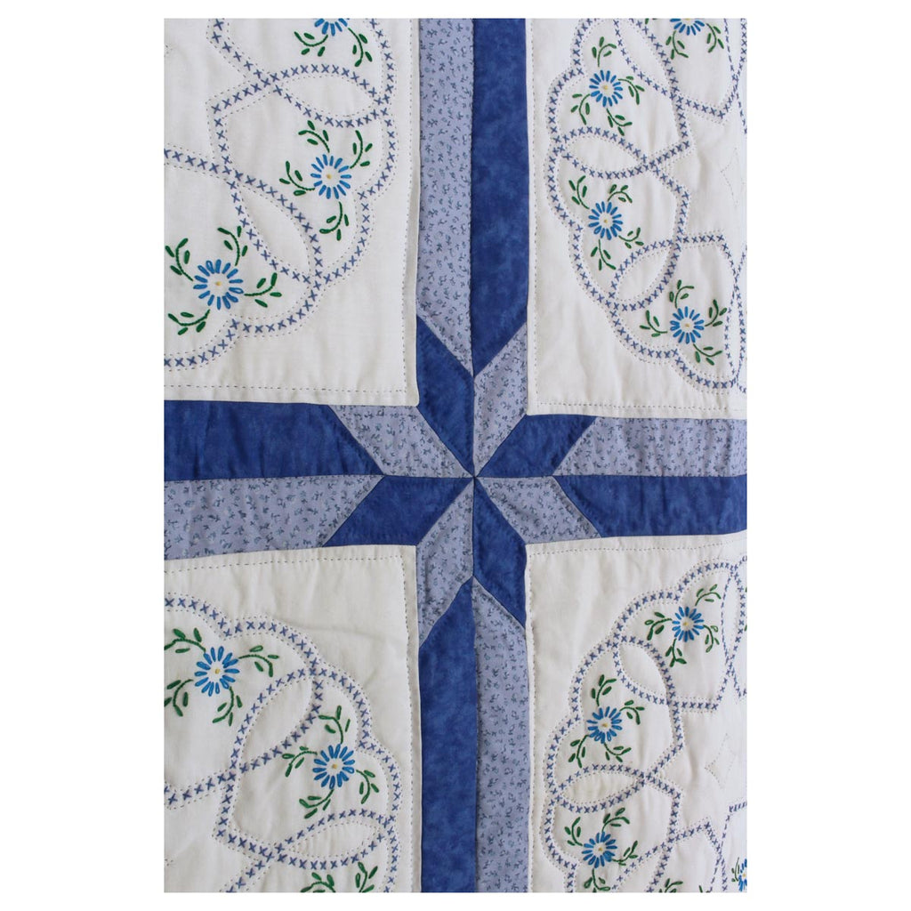 Blue White Embroidered Amish Quilt 87x106
