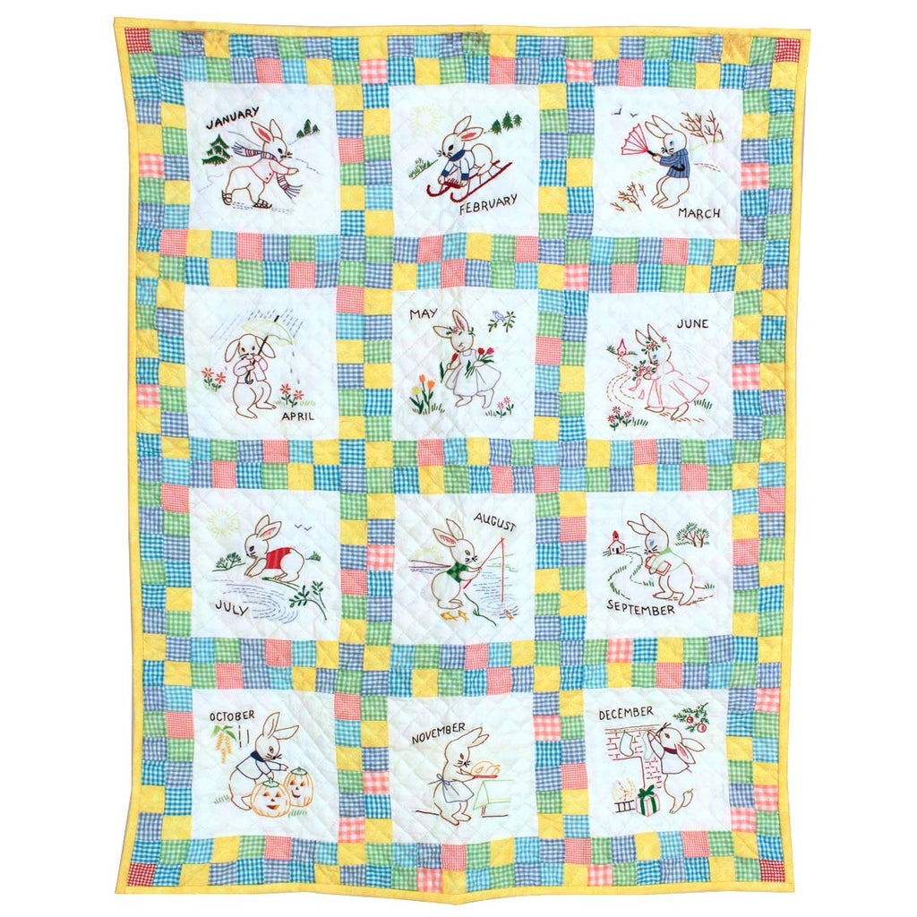 Embroidered 12 Bunny Months of the Year Amish Quilt Wall Hanging 37x48"