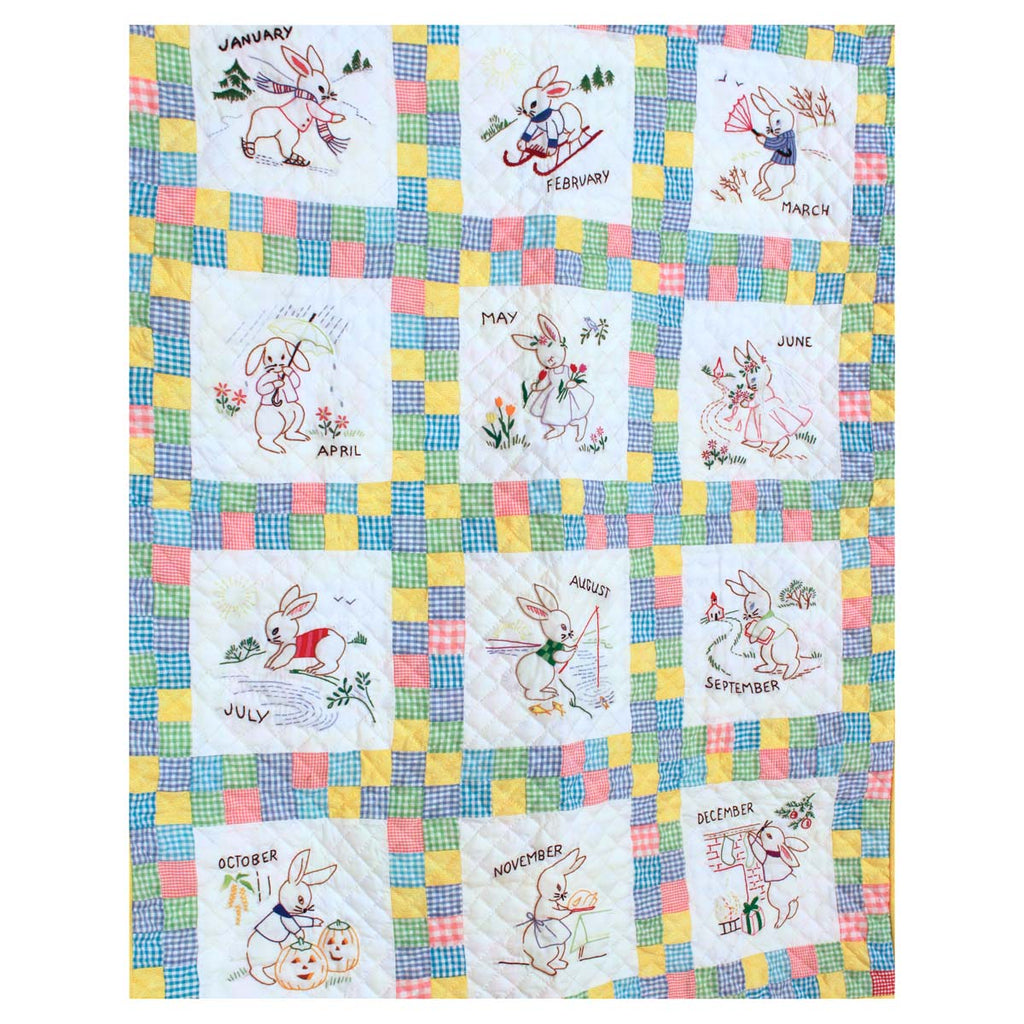 Embroidered 12 Bunny Months of the Year Amish Quilt Wall Hanging 37x48"