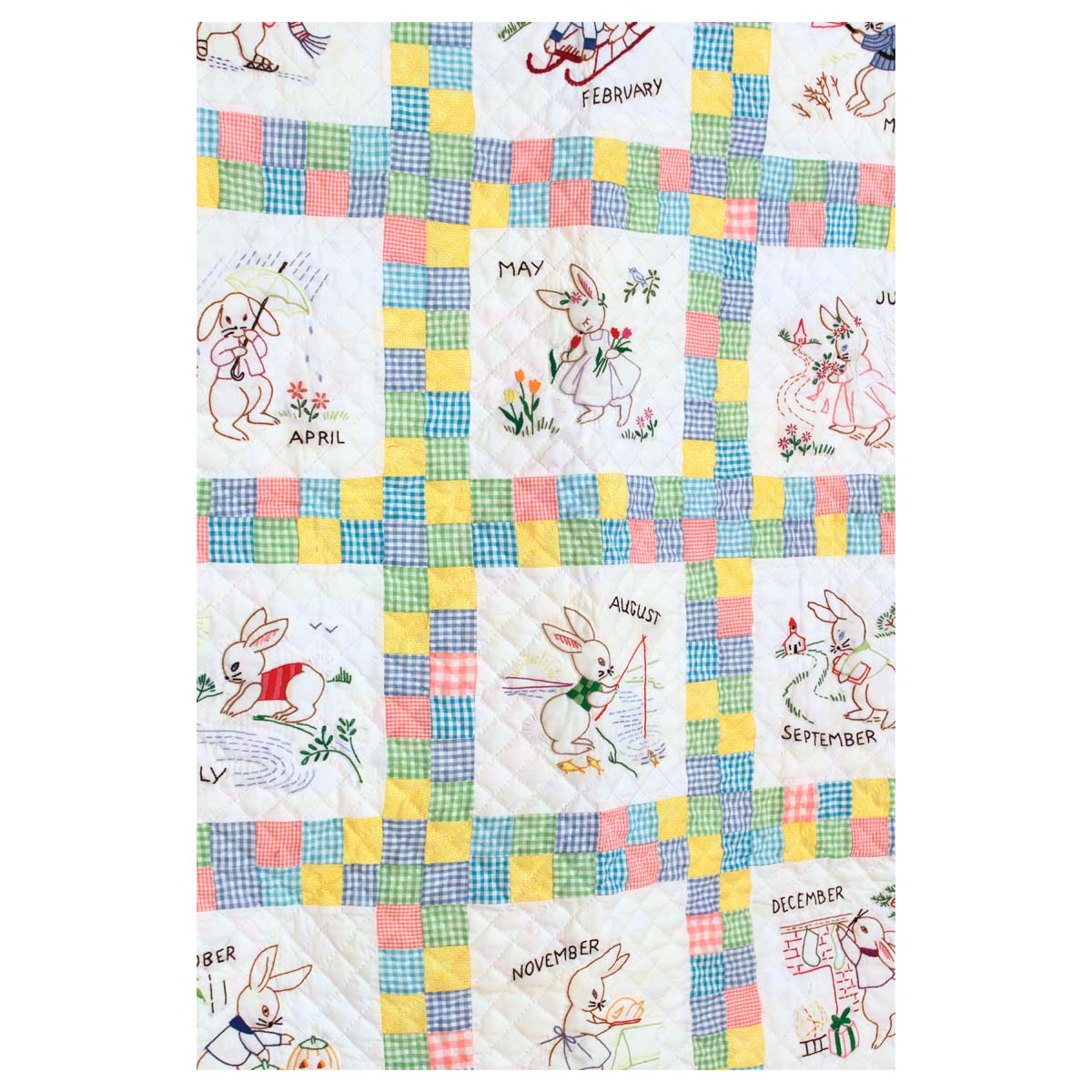 Embroidered 12 Bunny Months of the Year Amish Quilt Wall Hanging 37x48"