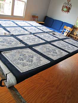 Stunning Blue White Embroidered Amish Quilt 80x103